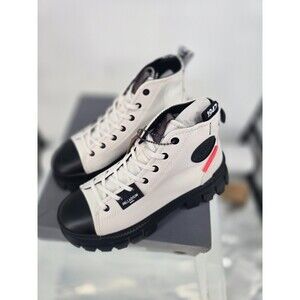 Palladium White and Black Leather Ankle Boots with Pink Accent